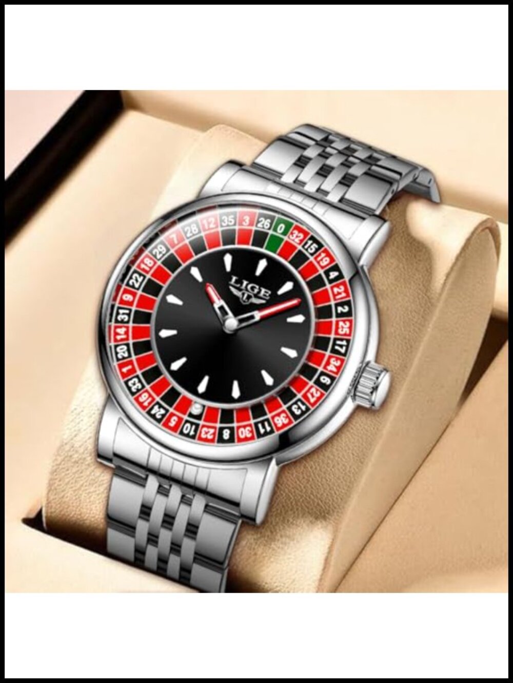 Mens Roulette Wheel Quartz Watch 45mm Stainless Steel 3ATM Waterproof